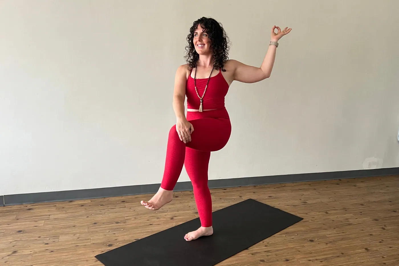 A standing balance pose in the studio